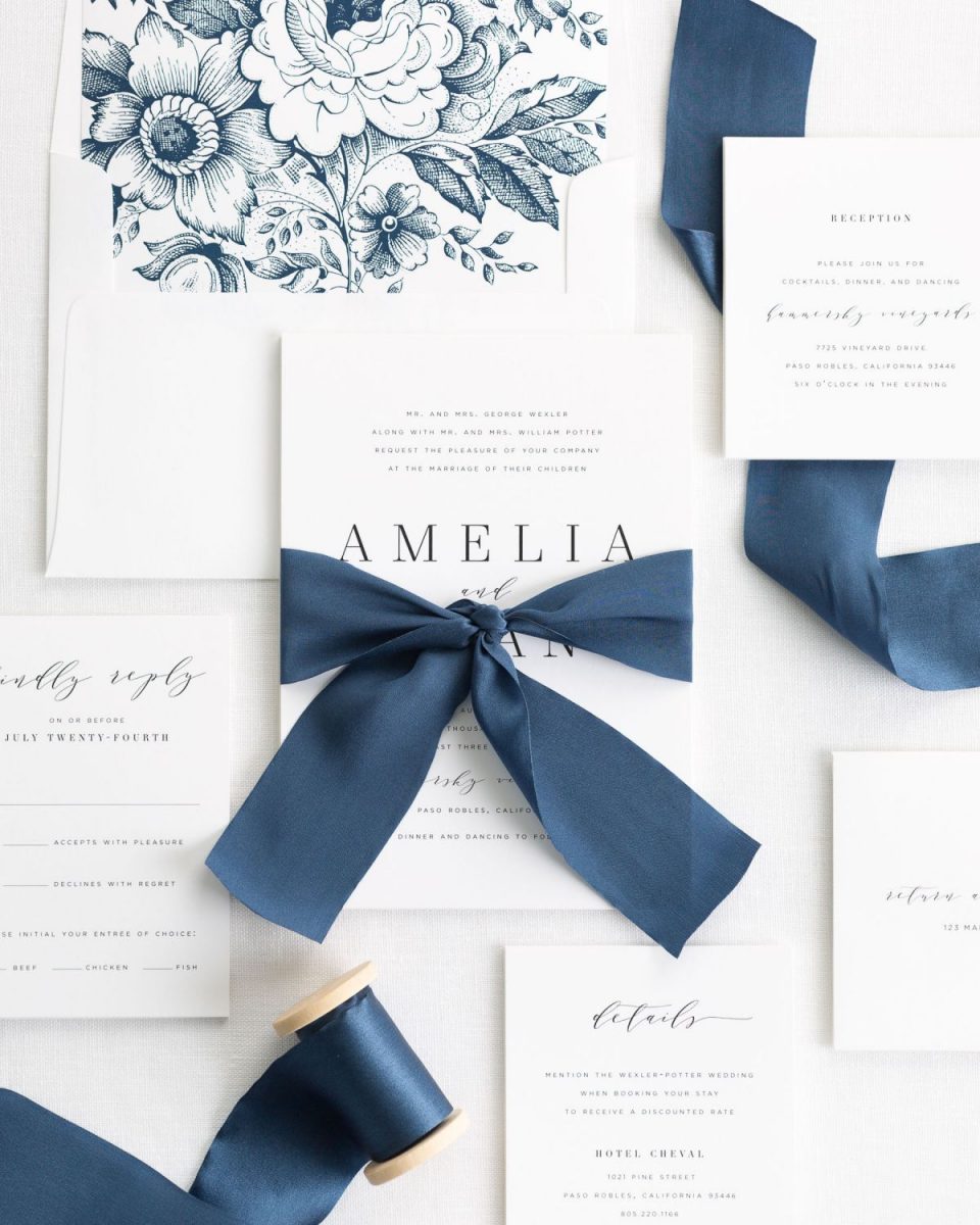 A beautiful blue navy ribbon tied by Shine Wedding Invitations.