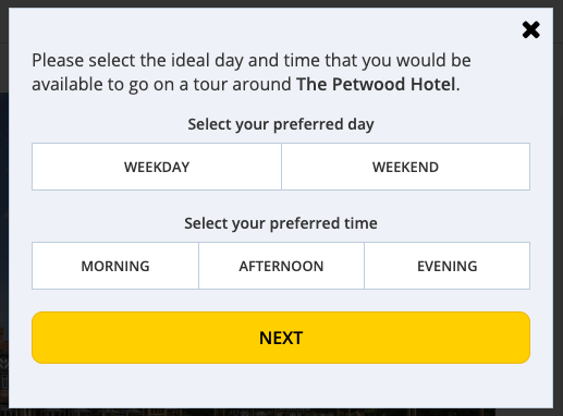 The pop up box to book a venue tour.