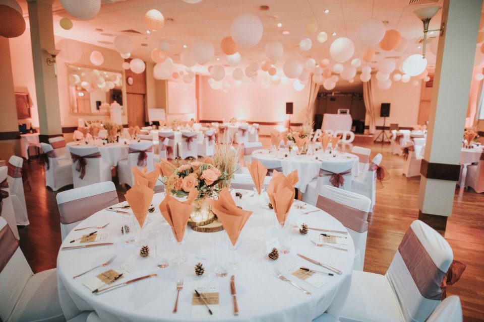 The main function room can be beautifully decorated for weddings.