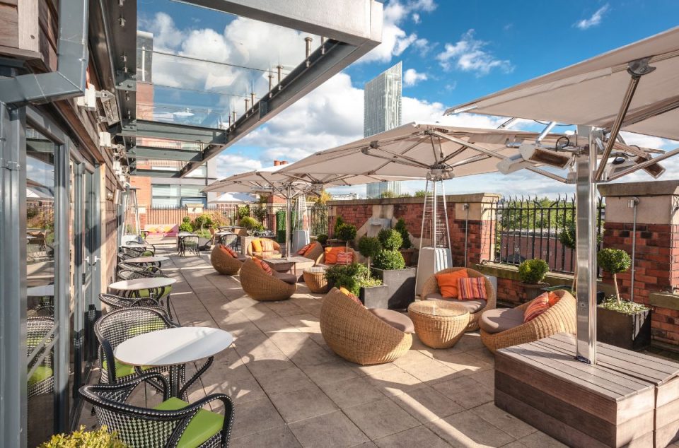 The beautiful rooftop lounge at this venue.