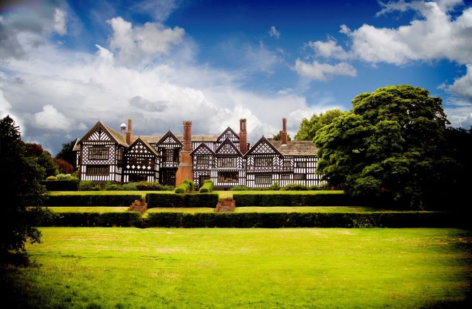 The stunning exterior of Bramall Hall in Stockport.