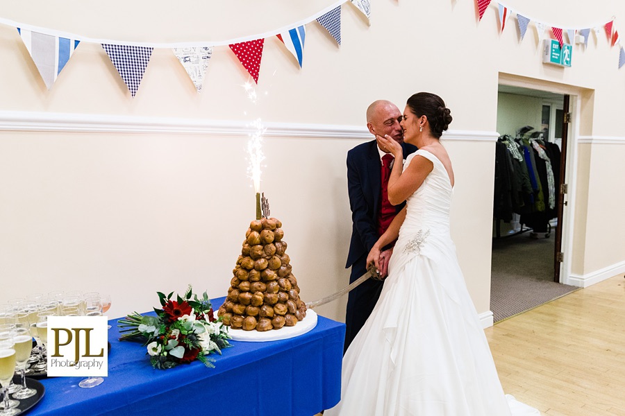 The croquembouche - profiterole tower - was quite a nice touch! They married at West Bradford Village Hall.