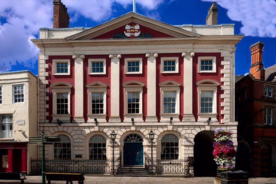 The beautiful red and white early Georgian front of York Mansion House.
